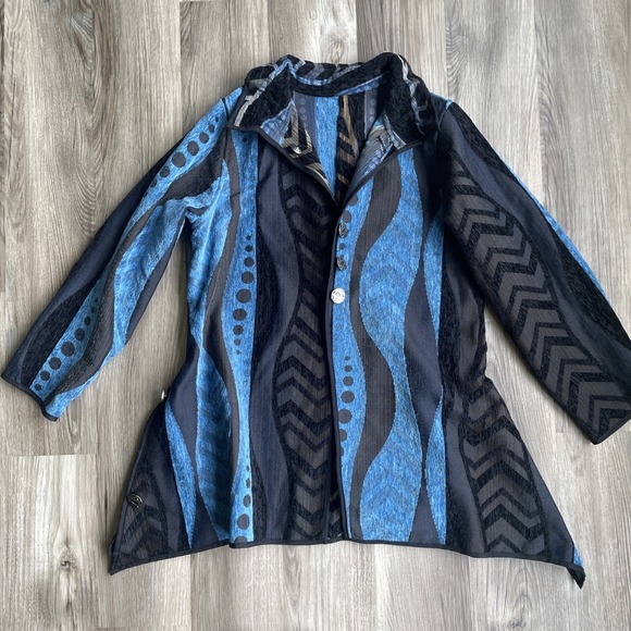 Women's 2 in 1 Reversible Jacket Tapestry Blue Black with Metal Button M Witchy - Picture 1 of 6